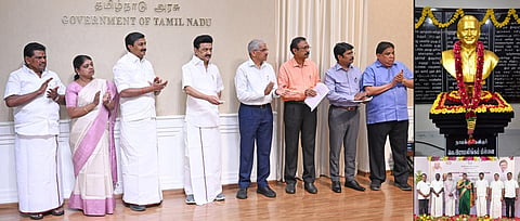 நாமக்கல் கவிஞர் இராமலிங்கம் பிள்ளை நினைவு இல்லத்தில் அவரது மார்பளவு சிலையை முதல்வர்மு.க.ஸ்டாலின் தலைமைச் செயலகத்தில், காணொலிக் காட்சி வாயிலாக நேற்று திறந்து வைத்தார். நிகழ்ச்சியில், அமைச்சர்கள் மு.பெ.சாமிநாதன், பி.கீதா ஜீவன், அனிதா ஆர்.ராதாகிருஷ்ணன், தலைமைச் செயலர் சிவ் தாஸ் மீனா மற்றும் அரசு அதிகாரிகள் உள்ளிட்டோர் கலந்து கொண்டனர்.