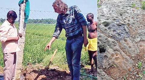 பழநி அருகே குரும்பப்பட்டியில் கல்லாங் குழிகள் குறித்து ஆய்வு செய்த தொல்லியல் ஆய்வாளர் நாராயணமூர்த்தி, பிரெஞ்சு மானுடவியல் அறிஞர் ரொமைன் சைமனல் . (வலது) கல்லாங்குழிகள்