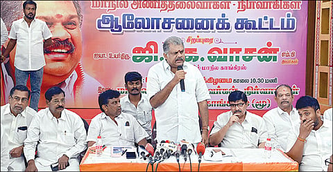 தமாகா மாநில நிர்வாகிகள் கூட்டம், கட்சியின் தலைவர் ஜி.கே.வாசன் தலைமையில் சென்னையில் நேற்று நடந்தது. படம்: எஸ்.சத்தியசீலன்