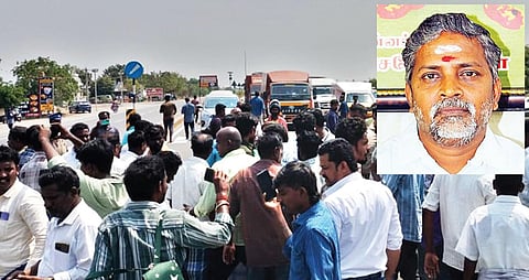 மருது சேனை அமைப்பின் தலைவரை கொல்ல முயன்றதைக் கண்டித்து, விருதுநகர்-கள்ளிக்குடிசாலையில் நேற்று மறியல் போராட்டத்தில் ஈடுபட்டோர். (உள் படம்) ஆதிநாராயணன்.