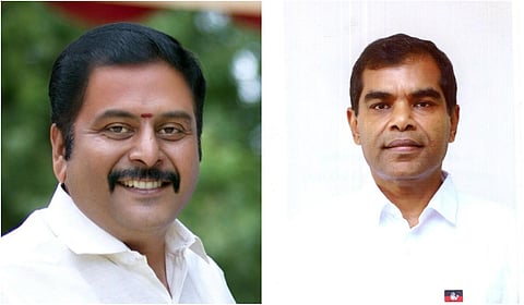 கே.இ.பிரகாஷ் - திமுக (இடது), ஆற்றல் அசோக்குமார் - அதிமுக (வலது)