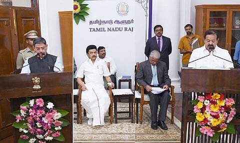 மீண்டும் அமைச்சராக பதவியேற்ற பொன்முடிக்கு தமிழக ஆளுநர் ஆர்.என்.ரவி பதவிப் பிரமாணம் செய்து வைத்தார்.