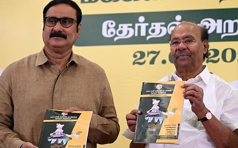 பாமக தேர்தல் அறிக்கை வெளியீடு நிகழ்வு. | படம்: ஜோதி ராமலிங்கம்