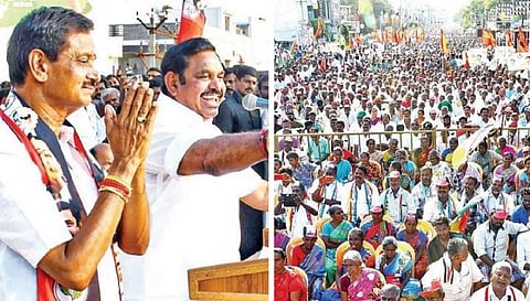 தேனியில் அதிமுக வேட்பாளர் நாராயணசாமியை ஆதரித்து நடைபெற்ற பிரச்சார பொதுக் கூட்டத்தில் பேசிய அதிமுக பொதுச் செயலாளர் பழனிசாமி. (வலது) கூட்டத்தில் பங்கேற்ற ஒரு பகுதியினர். படம்: நா.தங்கரத்தினம்