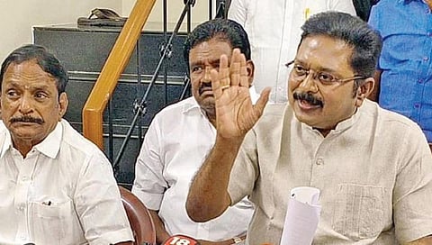 தேனியில் செய்தியாளர்களிடம் பேசிய அமமுக வேட்பாளர் டி.டி.வி.தினகரன்.