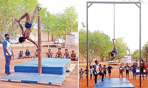 திருச்சி அண்ணா விளையாட்டரங்கில் மல்லர் கம்பம் விளையாட்டுக்கென அமைக்கப்பட்ட தனித்திடலில் நிலை மல்லர் கம்பம் பயிற்சியில் ஈடுபட்ட வீரர். (அடுத்த படம்) கயிறு மல்லர் கம்பத்தில் திறமையை வெளிப்படுத்திய வீராங்கனை.