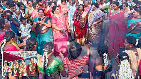 கும்மியடித்தும், ஆடிப்பாடியும் மகிழ்ந்த திருநங்கைகள். (உள்படம்) கூத்தாண்டவரை கணவராக ஏற்று, தாலி கட்டிக் கொண்ட திருநங்கைகள். படங்கள்: எம்.சாம்ராஜ்