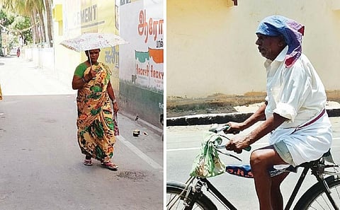திருப்பத்தூரில் நேற்று 107.2 டிகிரி கோடை வெயில் சுட்டெரித்ததால் குடையுடன் செல்லும் பெண். ( அடுத்த படம் ) கோடை வெயிலை சமாளிக்க தலையை கைக்குட்டையால் மறைத்து செல்லும் முதியவர்.
