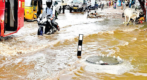 பாளையங்கோட்டை மத்திய சிறைச்சாலை முன்பு பாதாள சாக்கடை பொங்கி மழைநீருடன் தேங்கியதால் துர்நாற்றம் வீசியது.
| படங்கள்: மு. லெட்சுமி அருண் |