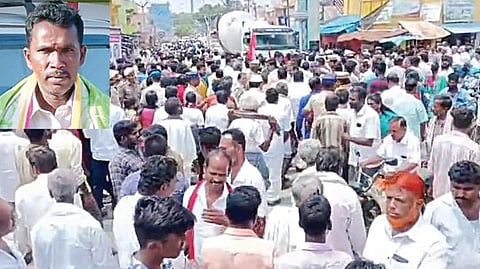 தேன்கனிக்கோட்டையில் மக்களைத் தாக்கும் யானையைப் பிடிக்க வலியுறுத்தி நேற்று சாலை மறியலில் ஈடுபட்ட கிராம மக்கள். (உள்படம்) யானை தாக்கியதில் உயிரிழந்த திம்மராயப்பா.