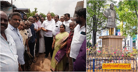 மூடப்பட்டுள்ள சிவாஜி கணேசன் சிலை (வலது) | எம்எல்ஏ இனிகோ இருதயராஜ், காங்கிரஸ் கட்சியினர் மற்றும் சிவாஜி ரசிகர்கள் (இடது)