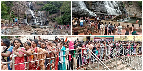 குற்றாலத்தில், சாரல் சீஸன் தொடங்கியுள்ள நிலையில் குற்றால அருவிகளில் குளிக்க குவிந்த சுற்றுலாப் பயணிகள்