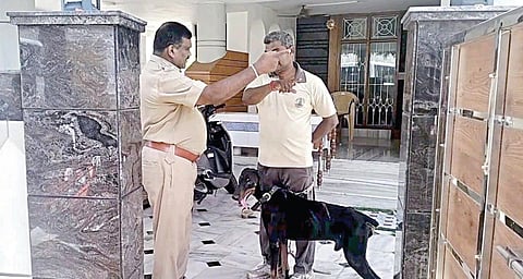 ஈரோட்டில் திருட்டு நடந்த ஆடிட்டர் வீட்டில் மோப்ப நாய் வீராவைக் கொண்டு சோதனை நடத்திய போலீஸார்.
