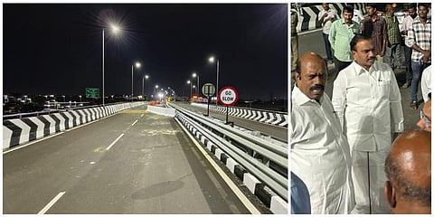 கோவை உக்கடம் - ஆத்துப்பாலம் சாலை மேம்பாலத்தை ஆய்வு செய்த நெடுஞ்சாலைத்துறை அமைச்சர் எ.வ.வேலு உடன் திமுக எம்.பி. ஆ.ராசா உள்ளிட்டோர்