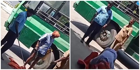 திருப்பூரில் குடிபோதையில் அரசுப் பேருந்தில் ஏறிய முதியவரை பேருந்து நடத்துனர் மற்றும் ஓட்டுநர் கீழே இறக்கிவிட்டனர்