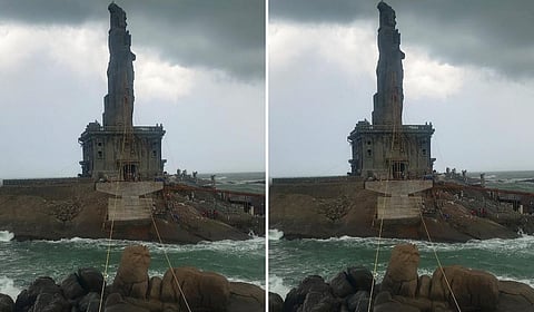 கன்னியாகுமரி திருவள்ளுவர் சிலை - விவேகானந்தர் பாறை இடையே கண்ணாடி இழை கூண்டு இணைப்பு பாலத்திற்கு கண்ணாடி கூண்டு பொருத்துவதற்கான முதற்கட்ட பணி துவங்கியுள்ளது.
