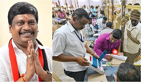 திமுக வேட்பாளர் அன்னியூர் சிவா (இடது), வாக்கு எண்ணிக்கை மையம் (வலது) - படங்கள்: எம்.சாம்ராஜ்