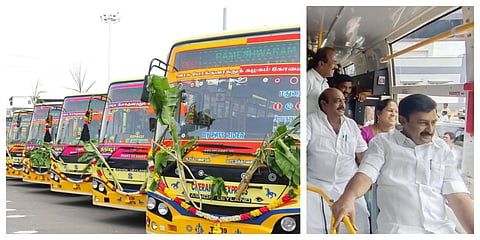 திருப்பூரில் 19 புதிய பேருந்துகளை பொதுமக்கள் பயன்பாட்டுக்காக தொடங்கி வைத்த அமைச்சர் சாமிநாதன் பேருந்தில் அமர்ந்து பயணம் செய்தார்.