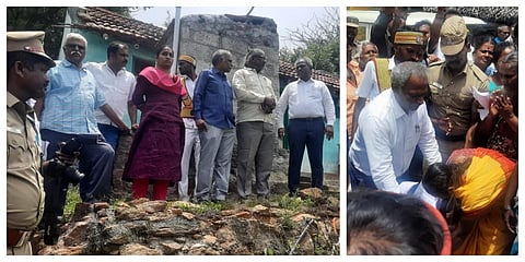 திருவண்ணாமலை பச்சையம்மன் கோயில் அருகே வீடுகளை அகற்ற வேண்டாம் என வலியுறுத்தி ஆட்சியர் தெ.பாஸ்கர பாண்டியன் காலில் விழுந்த பெண். அருகில் வழக்கறிஞர் எம்.சி.சுவாமி.