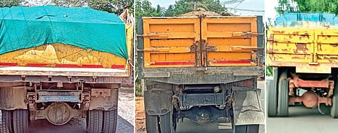 எரல் பகுதியில் பின்பக்கம் பதிவெண் இல்லாமல் இயக்கப்படும் மணல் லாரிகள்.