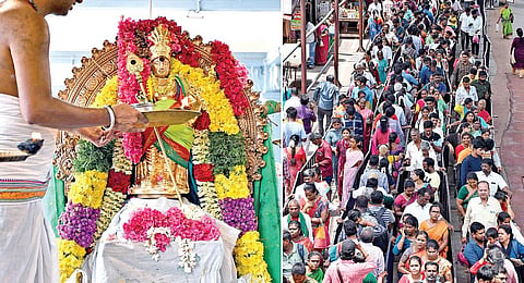 ஆடி கிருத்திகையையொட்டி, சென்னை வடபழனி முருகன் கோயிலில் ராஜ அலங்காரத்தில் அருள்பாலித்த உற்சவர். (அடுத்த படம்) சுவாமி தரிசன ம் செய்ய நீண்ட வரிசையில் காத்திருந்த பக்தர்கள் .
| படங்கள்: ம.பிரபு |
