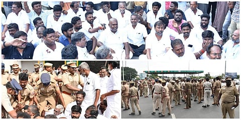 மதுரை அருகே கப்பலூர் சுங்கச்சாவடியை நிரந்தரமாக அகற்றக் கோரி நடந்த போராட்டத்தில் அதிமுக முன்னாள் அமைச்சர் ஆர்.பி.உதயகுமார் உள்ளிட்டோரை போலீஸார் கைது செய்தனர் | படங்கள்: எஸ்.கிருஷ்ணமூர்த்தி