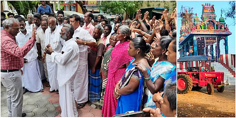 திருவண்ணாமலை ஆட்சியரிடம் மாரியம்மன் கோயிலை தங்களிடம் ஒப்படைக்கக் கோரி இரு கரங்களையும் உயர்த்தி வேண்டுகோள் விடுத்த தொண்டமானூர் கிராம பெண்கள்.