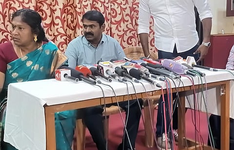 திருச்சியில் செய்தியாளர்களை சந்தித்த நாம் தமிழர் கட்சி தலைமை ஒருங்கிணைப்பாளர் சீமான்.