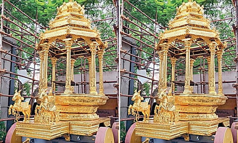 காஞ்சிபுரத்தில் தயாரிக்கப்பட்டு அமெரிக்க கோயிலுக்கு செல்லும் தங்கத் தேர்!