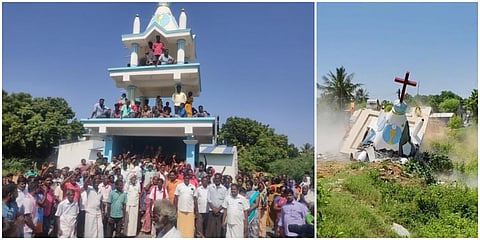 திருவெண்ணெய்நல்லூர் அருகே நீர்நிலையை ஆக்கிரமித்து கட்டப்பட்ட மாதா கோயில் போலீஸ் பாதுகாப்புடன் அகற்றப்பட்டது.