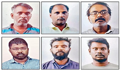 ரூ.35 கோடி மதிப்பிலான பொருட்களுடன் கன்டெய்னர் திருடப்பட்ட வழக்கில் கைது செய்யப்பட்ட முத்துராஜ், ராஜேஷ், நெப்போலியன், சிவபாலன், பால்ராஜ், மணிகண்டன்