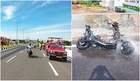 கரூரில் தீப்பிடித்து எரிந்த எலெக்ட்ரிக் பைக்; இறங்கி ஓடியதால் உயிர் தப்பிய இளைஞர்