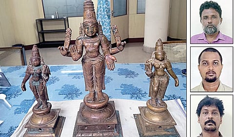 கோயில்களில் திருடி, விற்பனைக்கு கொண்டு செல்லப்பட்ட 150 ஆண்டுகள் பழமையான 3 ஐம்பொன் சிலைகள் போலீஸாரின் வாகன சோதனையில் பறிமுதல் செய்யப்பட்டுள்ளன. இது தொடர்பாக ரவுடி உட்பட 3 பேர் கைது செய்யப்பட்டுள்ளனர்.