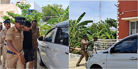 நாமக்கல் அருகே பிடிபட்ட வட மாநில கொள்ளையர்களை காவல் நிலையத்துக்கு போலீஸார் அழைத்துச் சென்றனர்.