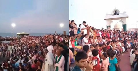 கன்னியாகுமரி முக்கடல் சங்கமத்தில் இன்று குழந்தைகளுடன் குவிந்திருந்த சுற்றுலா பயணிகள் அதிகாலை சூரிய உதயத்தை பார்த்து செல்பி எடுத்து மகிழ்ந்தனர். (2வது படம்) முக்கடல் சங்கம பகுதியியி்ல பெற்றோருடன் குவிந்திருந்த சுற்றுலா பயணிகள்.