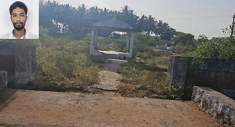 ரவுடி சச்சின் ரிச்சர்டு மீது துப்பாக்கிசூடு நடந்த திண்டுக்கல் அருகேயுள்ள மாலப்பட்டி சுடுகாடு பகுதி. (உள் படம்: ரவுடி சச்சின் ரிச்சர்டு )