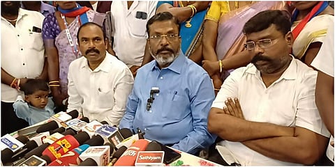 திருவண்ணாமலையில் செய்தியாளர்களை சந்தித்த விடுதலைச் சிறுத்தைகள் கட்சித் தலைவர் தொல்.திருமாவளவன்.
