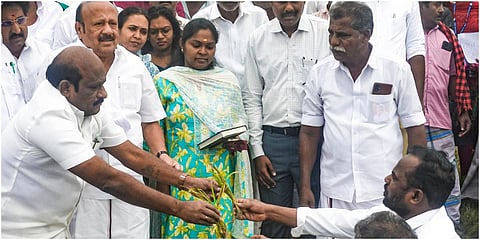 தஞ்சாவூர் உக்கடை பகுதியில் கனமழையால் மூழ்கிய நெற்பயிர்களை ஆய்வு செய்த அமைச்சர்கள் எம்.ஆர்.கே. பன்னீர்செல்வம், கோவி செழியனிடம் நெற்பயிர்களை காண்பித்த விவசாயிகள் | படங்கள்: ஆர். வெங்கடேஷ்.