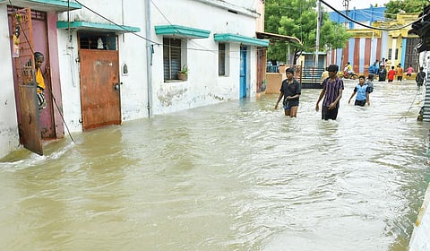 திருநெல்வேலி டவுன் செண்பகம் பிள்ளை தெருவில் பெருக்கெடுத்து ஓடிய மழை நீர்.
| படம்: மு.லெட்சுமி அருண் |