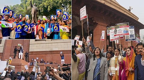 அமித் ஷா பேச்சு: நாடாளுமன்ற வளாகத்தில் பாஜக, காங்கிரஸ் பரஸ்பரம் குற்றஞ்சாட்டி போராட்டம்