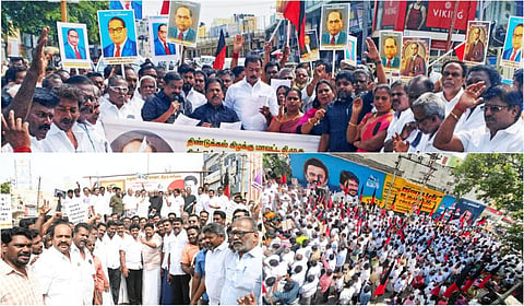 மத்திய அமைச்சர் அமித் ஷாவை அமைச்சரவையில் இருந்து நீக்க கோரி தமிழகம் முழுவதும் திமுக சார்பில் கண்டன ஆர்ப்பாட்டங்கள் நடைபெற்றன | படங்கள்: எஸ்.கிருஷ்ணமூர்த்தி மற்றும் நா.தங்கரத்தினம்