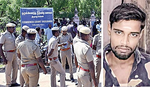 திருநெல்வேலியில் நீதிமன்றம் முன்பு படுகொலை நடைபெற்ற பகுதியில் குவிக்கப்பட்டிருந்த போலீஸார். (அடுத்த படம்) கொல்லப்பட்ட மாயாண்டி.