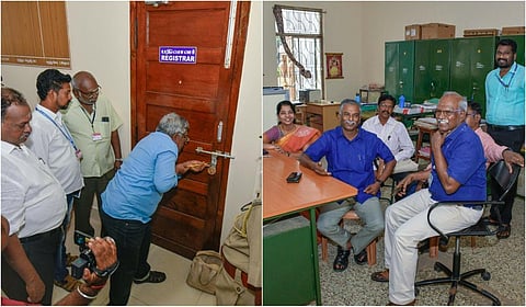 தஞ்சாவூர் தமிழ்ப் பல்கலைக்கழகத்தில் பதிவாளர் அறையின் பூட்டை உடைத்து, புதிய பதிவாளர் பொறுப்பேற்றார் | படங்கள்: ஆர்.வெங்கடேஷ்
