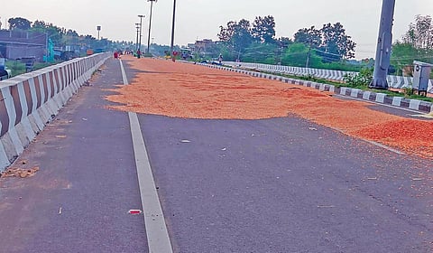 வேப்பூர் மேம்பாலத்தில் தானியங்களை உலர வைத்துள்ள விவசாயிகள்.