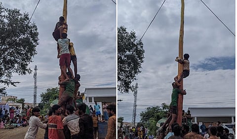 மாமன், மருமகன் உறவை கொண்டாடும் ‘வழுக்கு மரம் ஏறும் போட்டி’ - வத்தலக்குண்டு அருகே சுவாரஸ்யம்