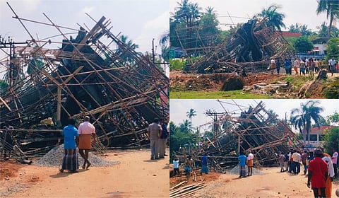 திருச்சி வயலூர் முருகன் கோயிலுக்கு புதிதாக கட்டப்பட்டு வந்த அலங்கார நுழைவு வளைவு இடிந்து விழுந்தது