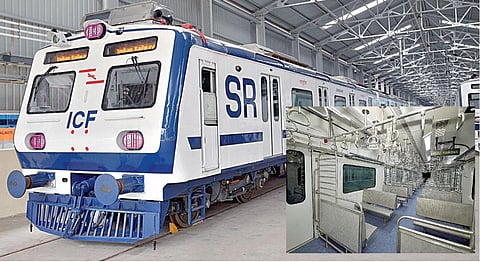 சென்னை ஐ.சி.எஃப் ஆலையில் தயாரிக்கப்பட்டு, தயாராக இருக்கும் முதல் ஏசி மின்சார ரயில். (உள்படம்) ஏசி மின்சார ரயிலின் உட்புற தோற்றம்.