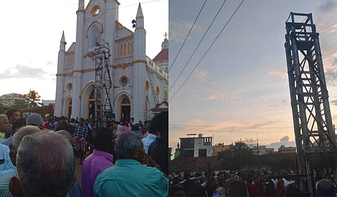கன்னியாகுமரி அருகே அந்தோணியார் தேவாலய திருவிழாவில் மின்சாரம் தாக்கி 4 பேர் இறந்த சம்பவத்தை தொடர்ந்து அங்கு திரண்டிருந்த மக்கள்.