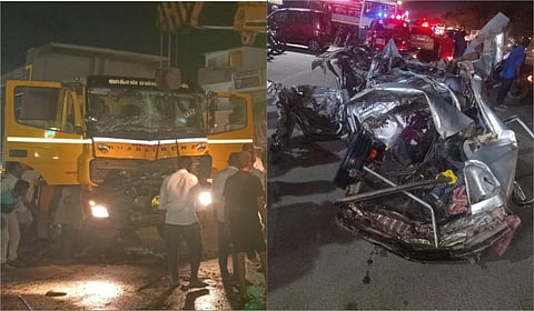 சிங்கப்பெருமாள்கோவில் அருகே சிக்னலில் நின்றிருந்த கார் மீது லாரி மோதிய விபத்தில் 3 பேர் உயிரிழந்தனர்