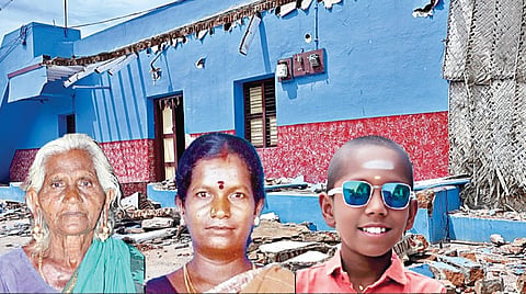 மதுரை திருப்பரங்குன்றம் அருகே மழையால் இடிந்து விழுந்த அம்மாபிள்ளை வீட்டு திண்ணையின் மேற்கூரை. (உள்படம்) அம்மாபிள்ளை, வெங்கட்டி, வீரமணி